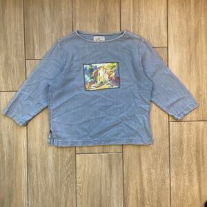 Michael Leu Artist Cotton Top Womens Small Blue House Art Shirt